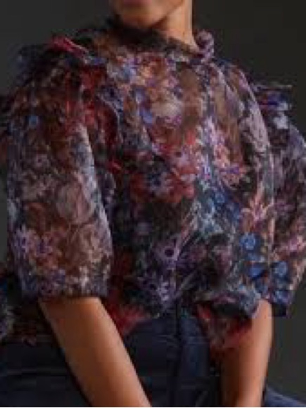 Anthropologie Black Floral Sheer Puff-Sleeve Blouse